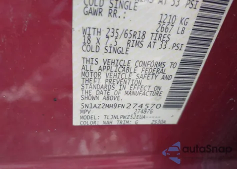 2015 Nissan Murano S from USA, damaged, VIN 5N1AZ2MH9FN274570